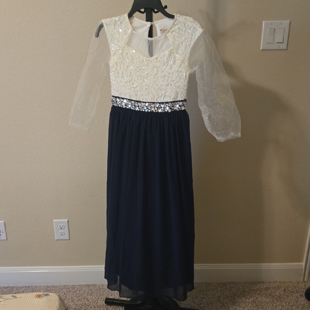 Speechless White and Blue Formal Gown with Bishop Sleeves
